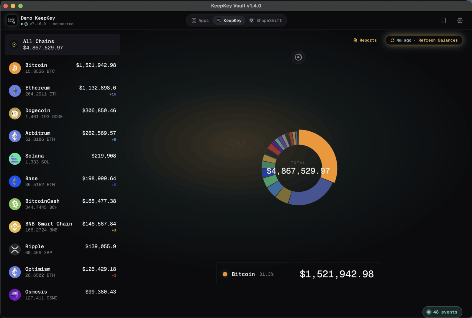 KeepKey Vault all-chains portfolio donut allocation chart