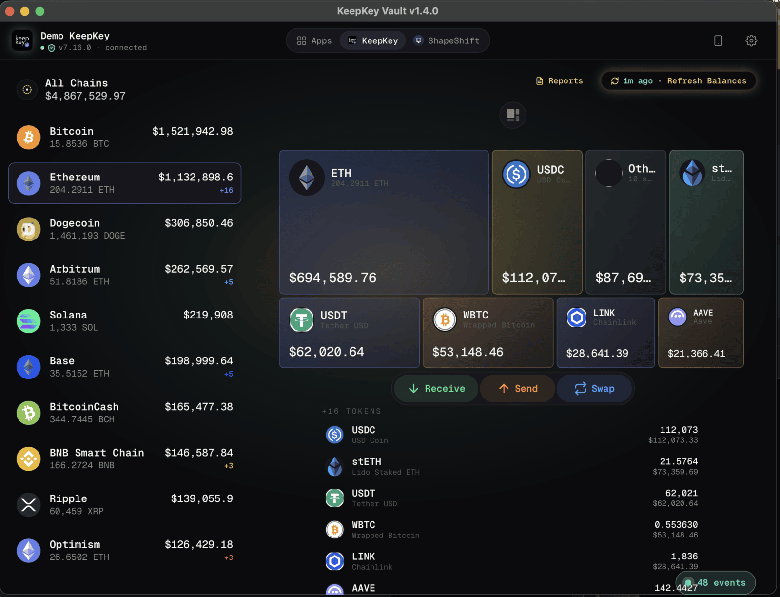 KeepKey Vault Ethereum-network tokens and balances