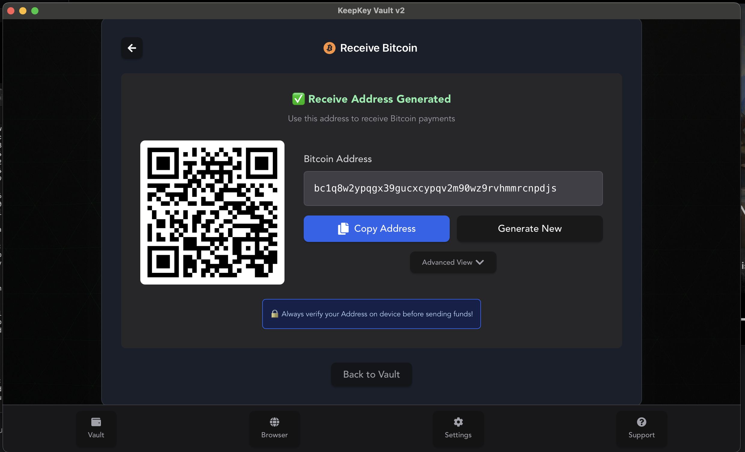 KeepKey desktop app receive screen with QR code
