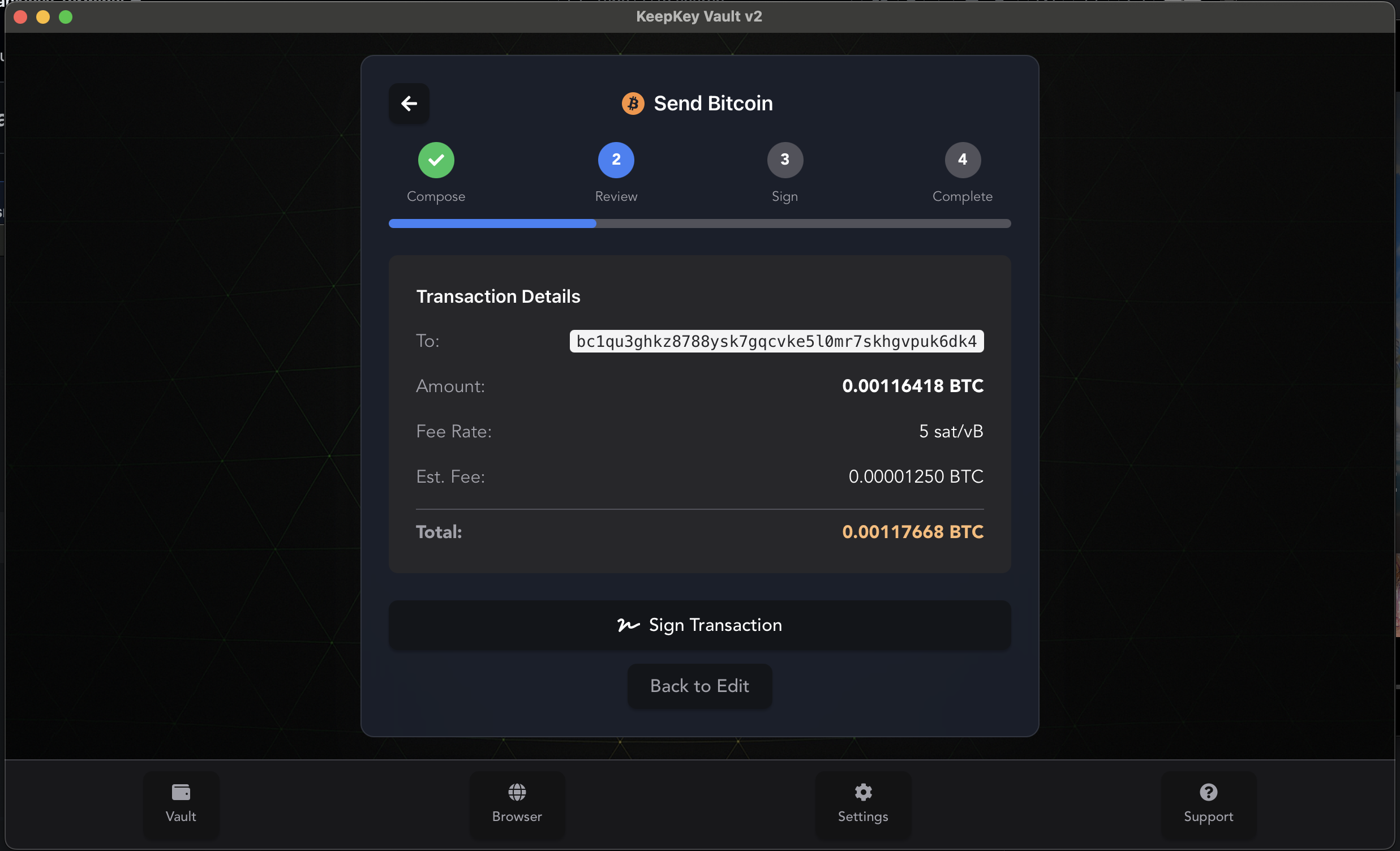 Vault Desktop transaction review screen