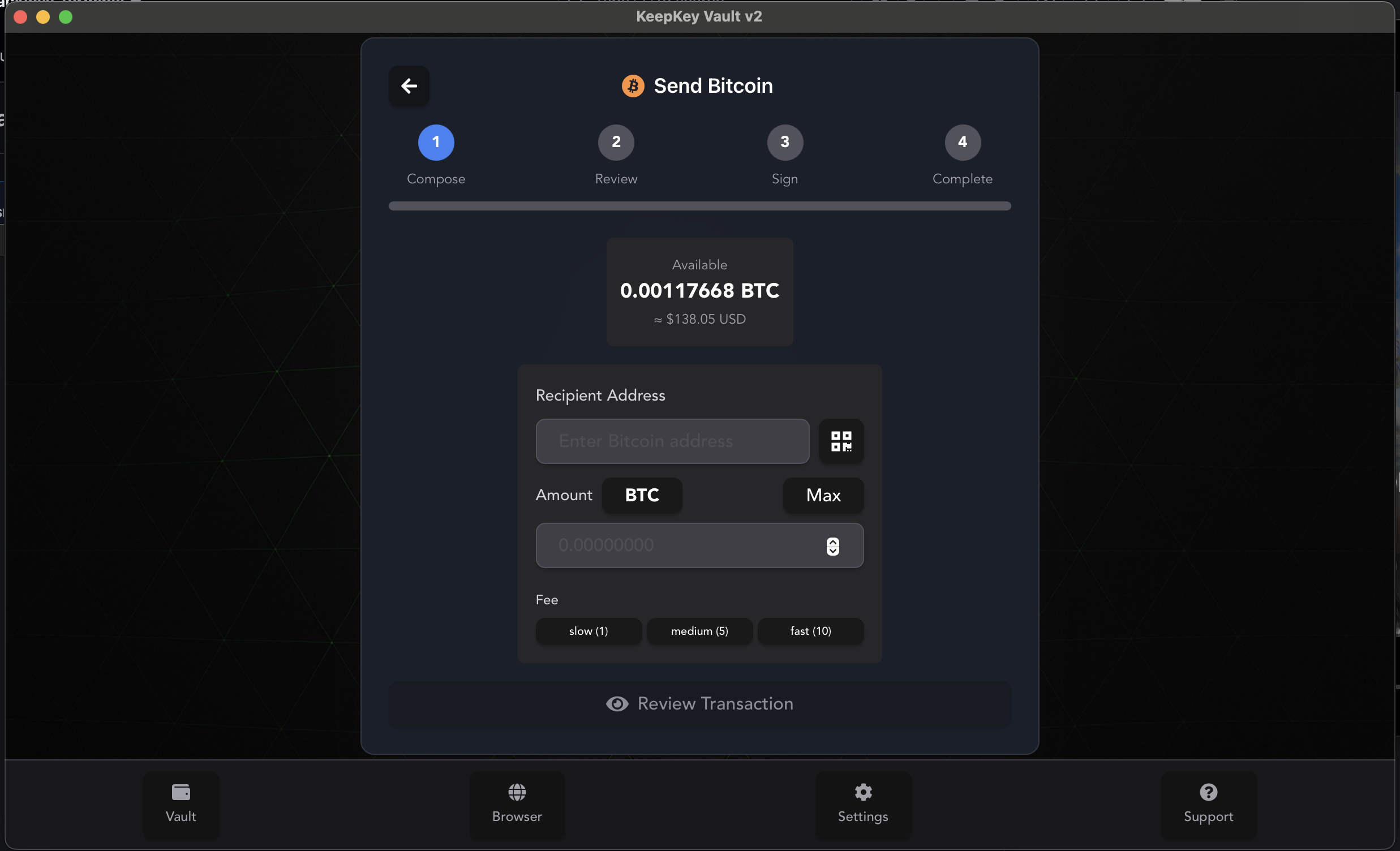 KeepKey desktop app send Bitcoin interface