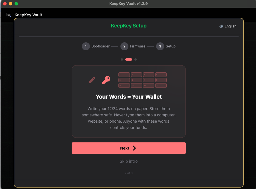 KeepKey wallet setup seed phrase screen