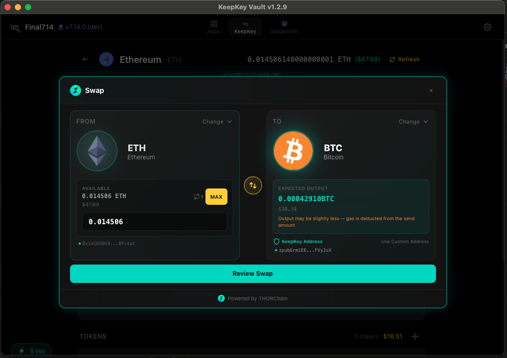 KeepKey cross-chain swap interface